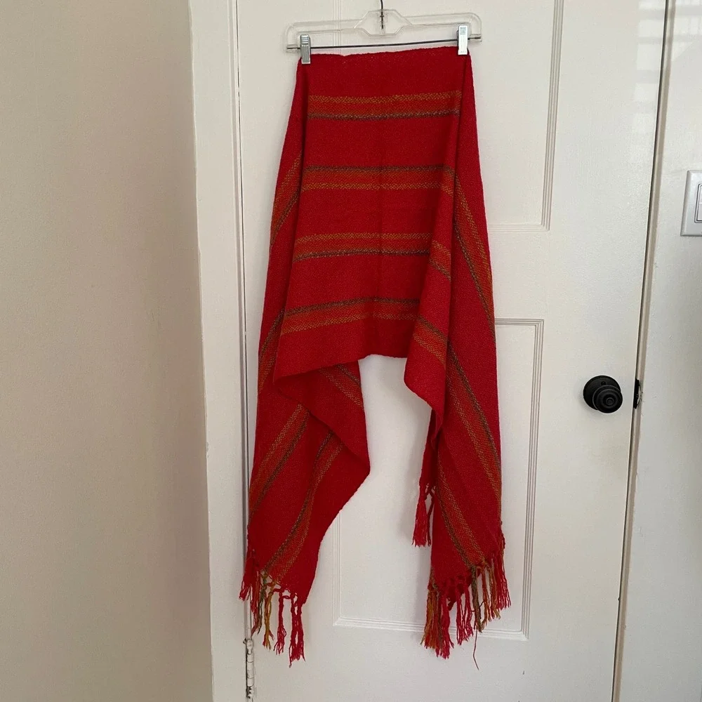 Red Woven Scarf Shawl Fringe Striped Accent